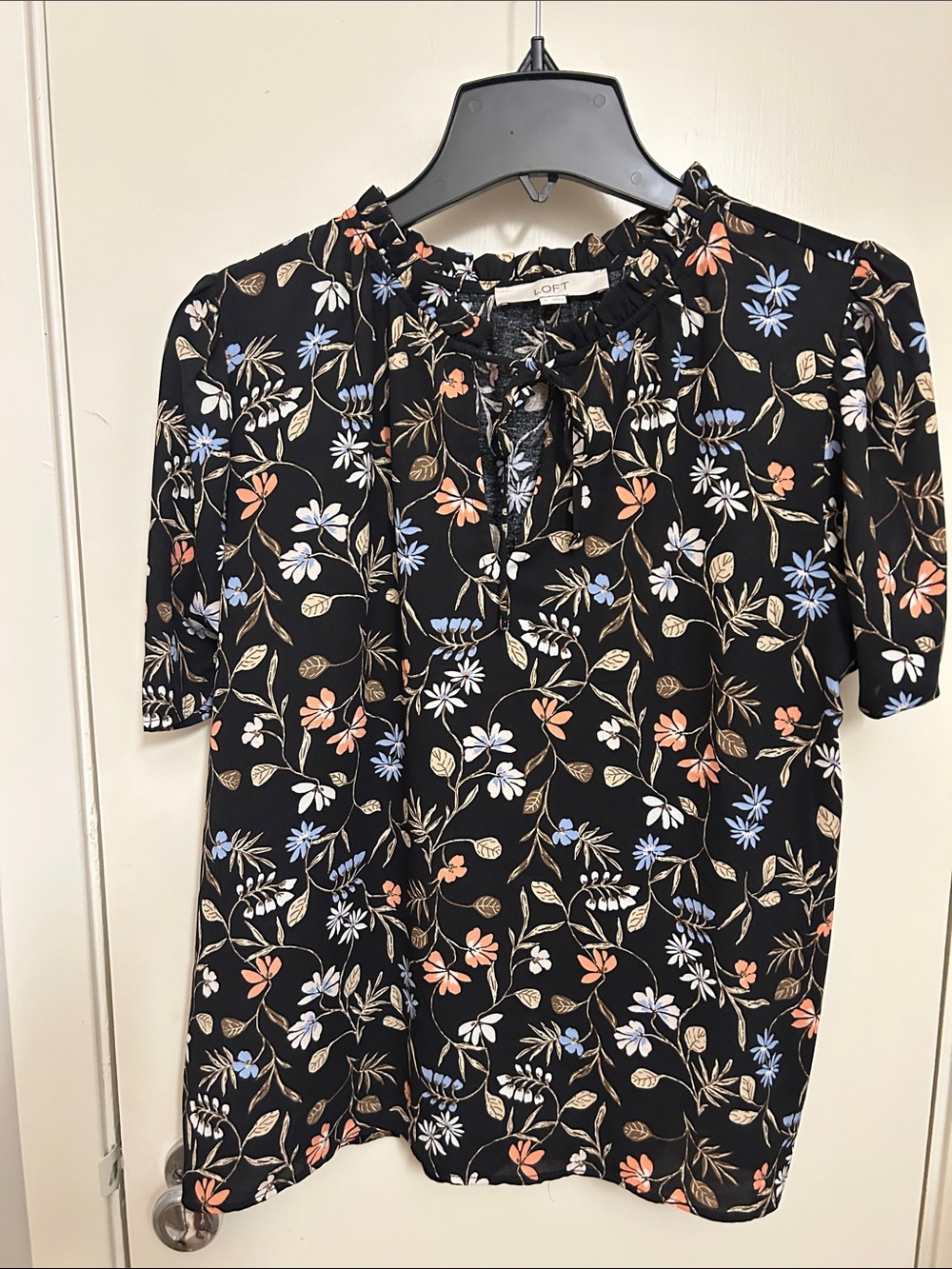 LOFT Black Floral Tie-Neck Blouse with Coral and Light Blue Accents